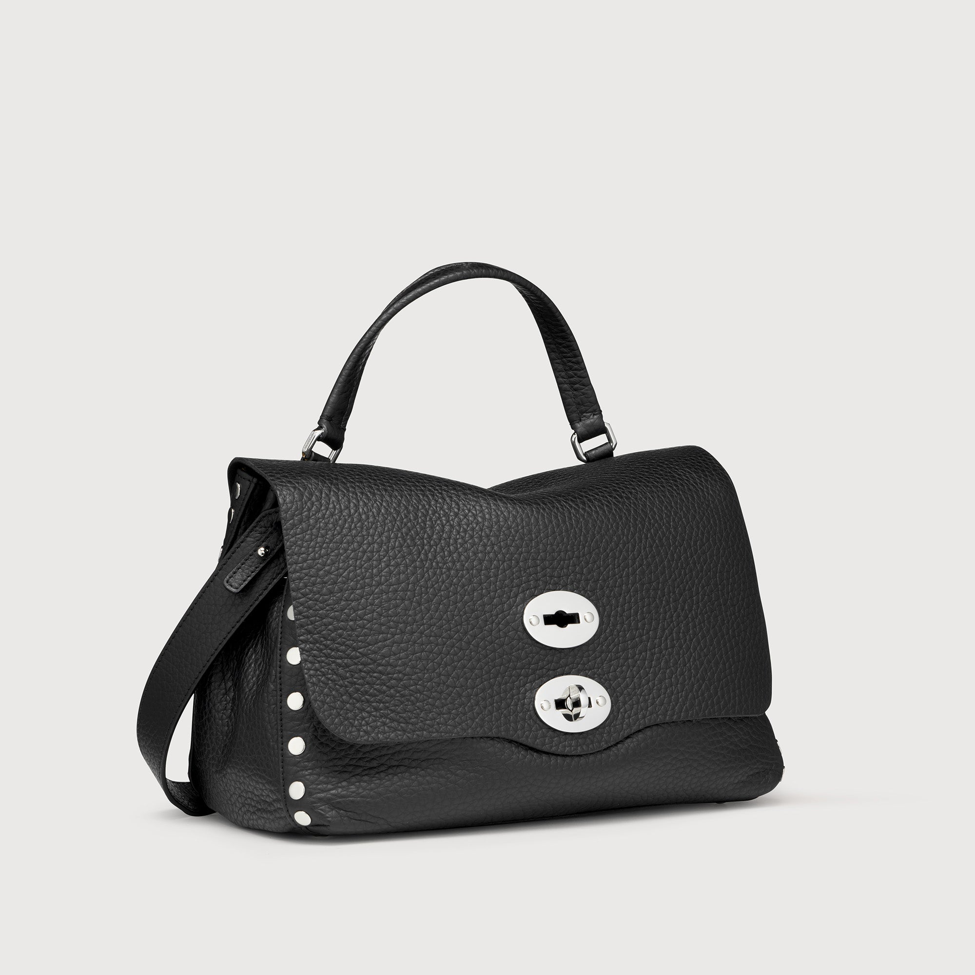 SMALL POSTINA® MESSENGER BAG IN TUMBLED LEATHER BLACK NERO