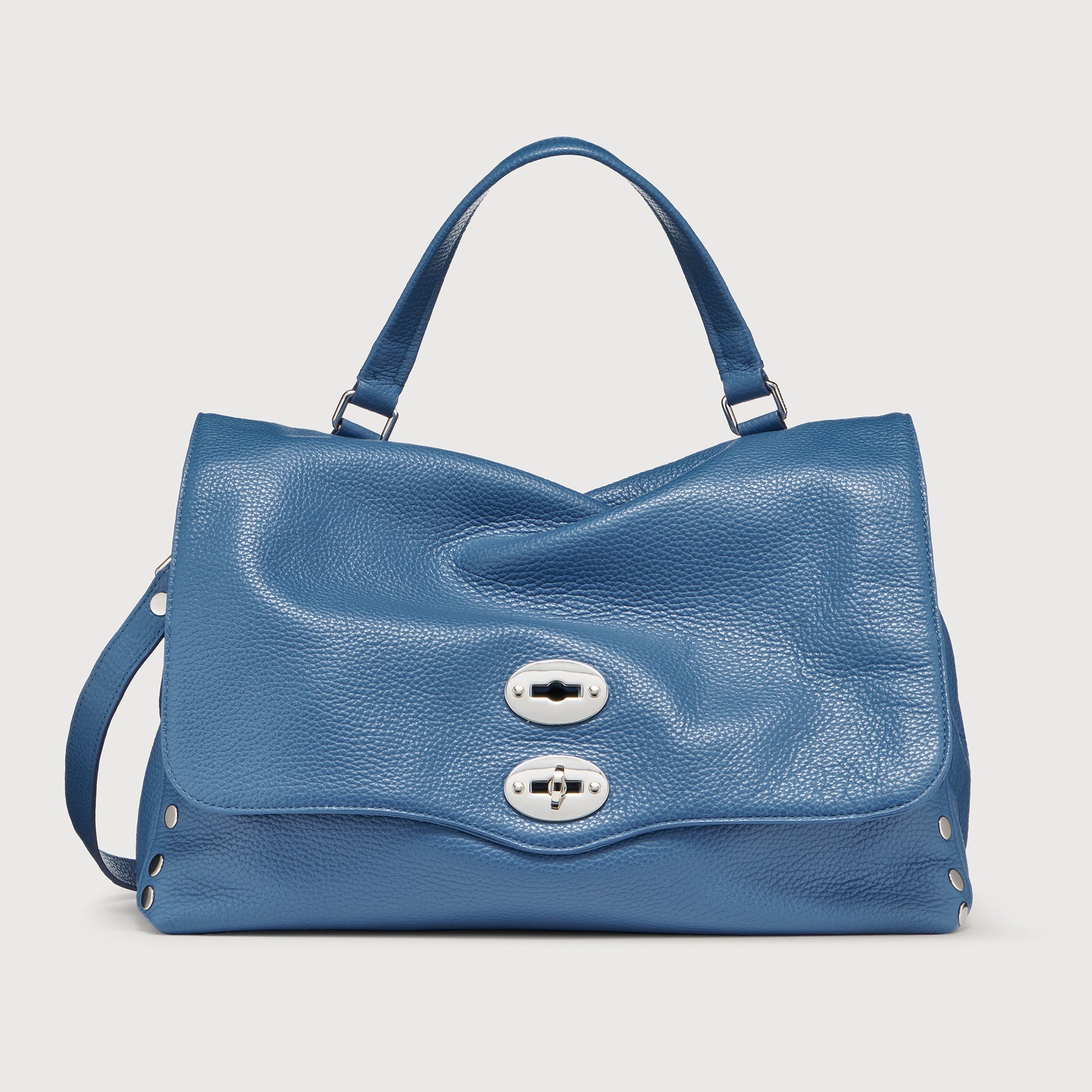 MEDIUM POSTINA® MESSENGER BAG IN TUMBLED LEATHER GREY CRETA