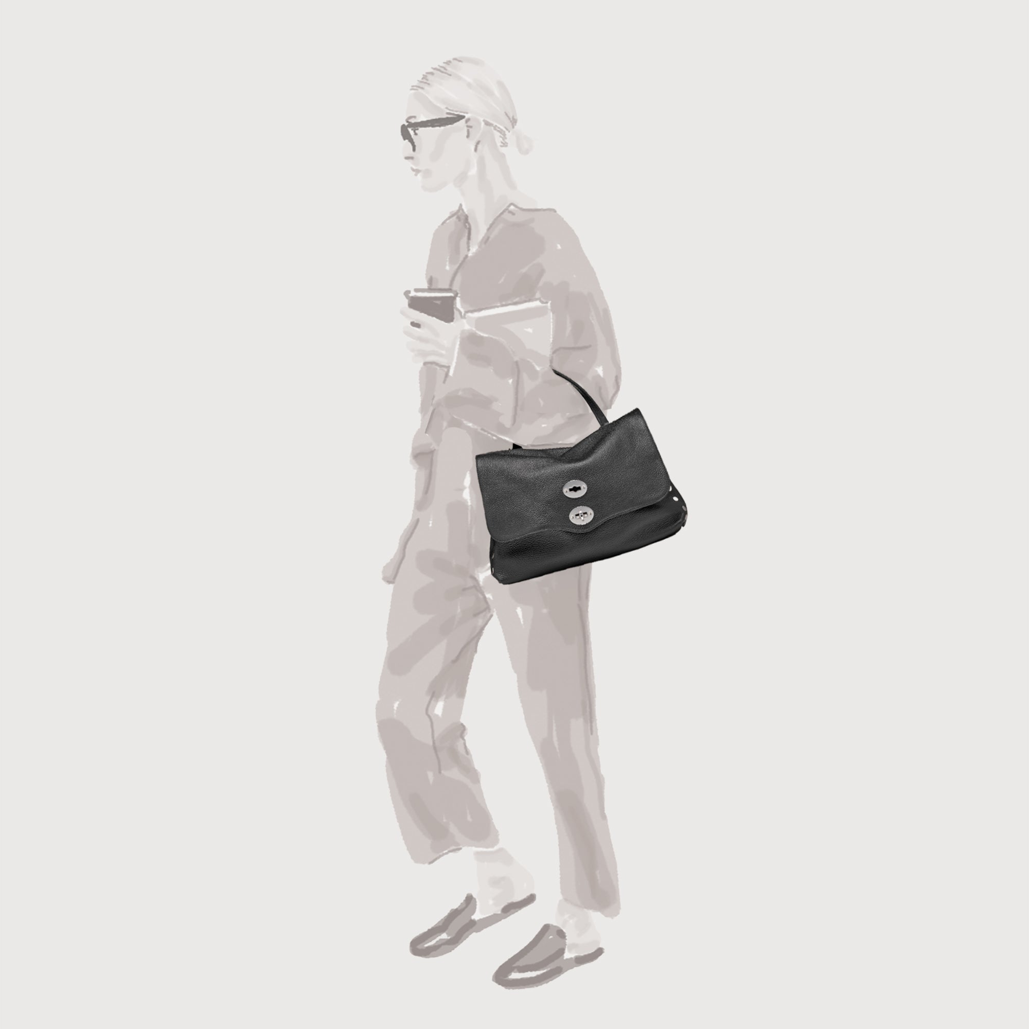 MEDIUM POSTINA® MESSENGER BAG IN TUMBLED LEATHER GREY CRETA