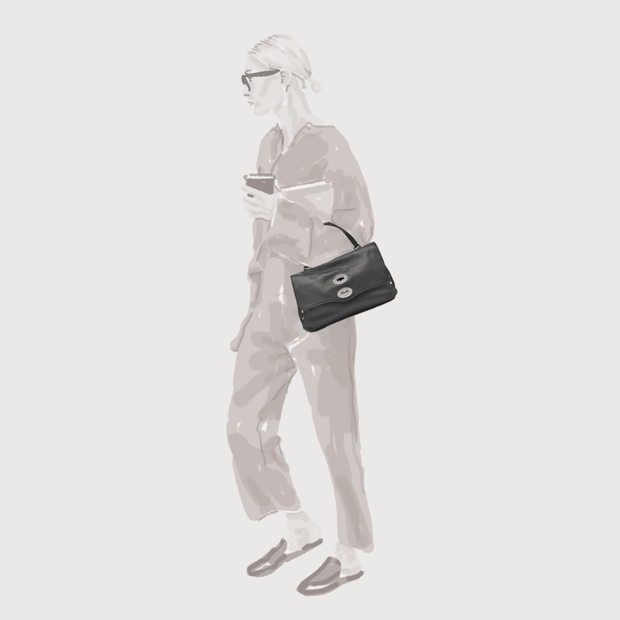 SMALL POSTINA® MESSENGER BAG IN TUMBLED LEATHER BLACK NERO
